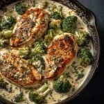 A delicious plate of Creamy Garlic Chicken and Broccoli Skillet