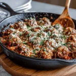 A delicious plate of Keto Diet Friendly Meatball Casserole with Cheese and Sauce!