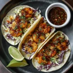 A delicious plate of Shrimp Tacos with Red Cabbage Slaw and Lime Crema