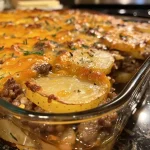 Close-up view of a juicy Hamburger Potato Casserole with melted cheese and layers of meat and potatoes.