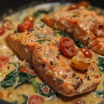Close-up view of juicy Creamy Tuscan Salmon plated with vibrant ingredients.