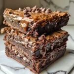 Close-up side view of gooey brownies topped with melting chocolate chips.