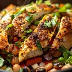 Close-up of a vibrant bowl filled with blackened chicken and black-eyed peas.