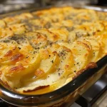 Close-up of creamy Potatoes Au Gratin with golden cheese on top.