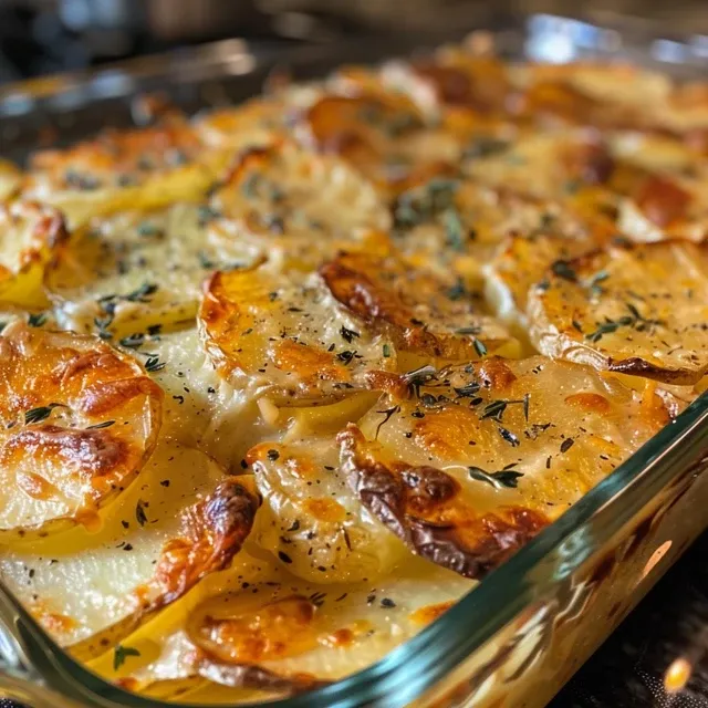 The Comforting Embrace of French Potato Bake: A Dish to Share and Savor A close-up side view of a golden-brown French potato bake with melted cheese on top.