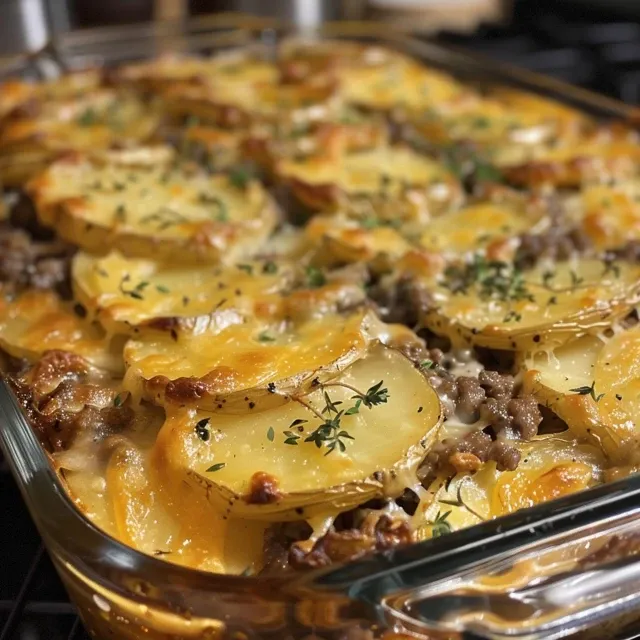 A delicious hamburger and potato casserole baked to perfection, showcasing golden cheese and rich flavors.