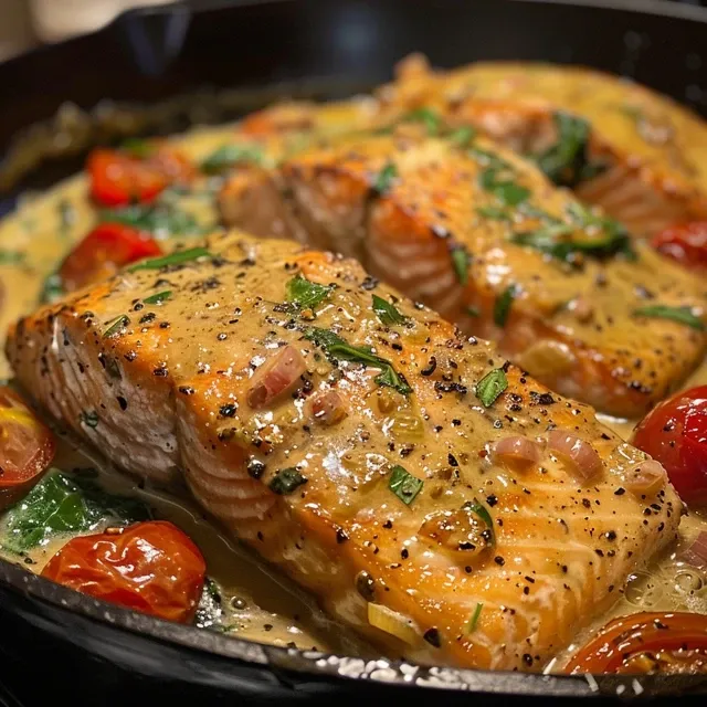 Side view of succulent salmon fillets in a creamy sauce, garnished with spinach.