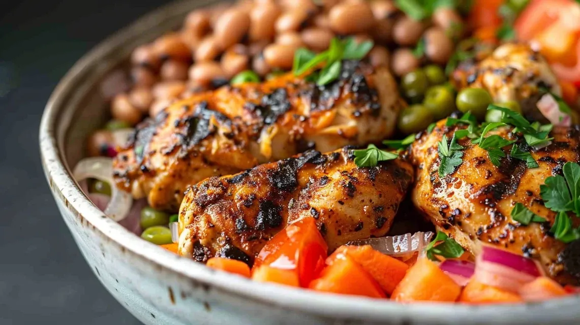 Side view of a hearty dish featuring diced blackened chicken, carrots, and green beans.