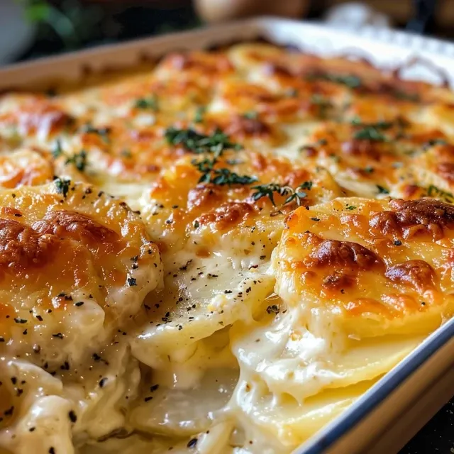 Side view of a bubbling dish of Potatoes Au Gratin, revealing layers of potatoes and cheese.