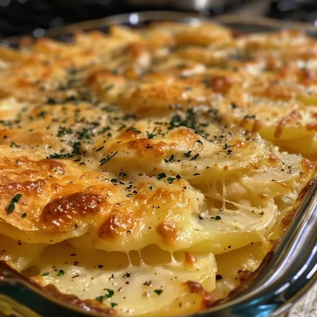 An appetizing close-up showing layers of starchy potatoes and creamy cheese in a bake dish.