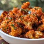Close-up view of golden brown Air Fryer Spicy Cauliflower Bites on a plate.