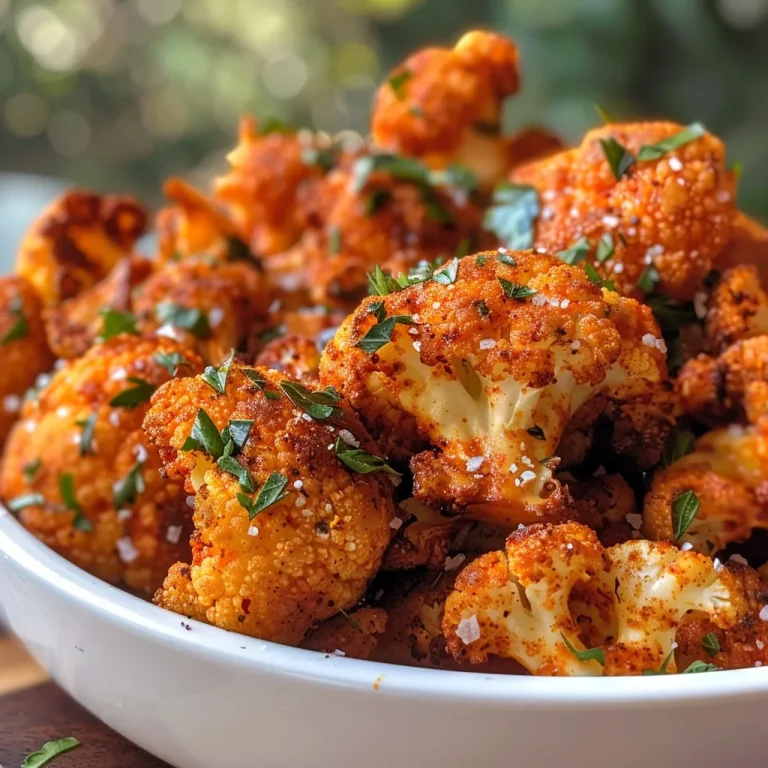 Close-up view of golden brown Air Fryer Spicy Cauliflower Bites on a plate.