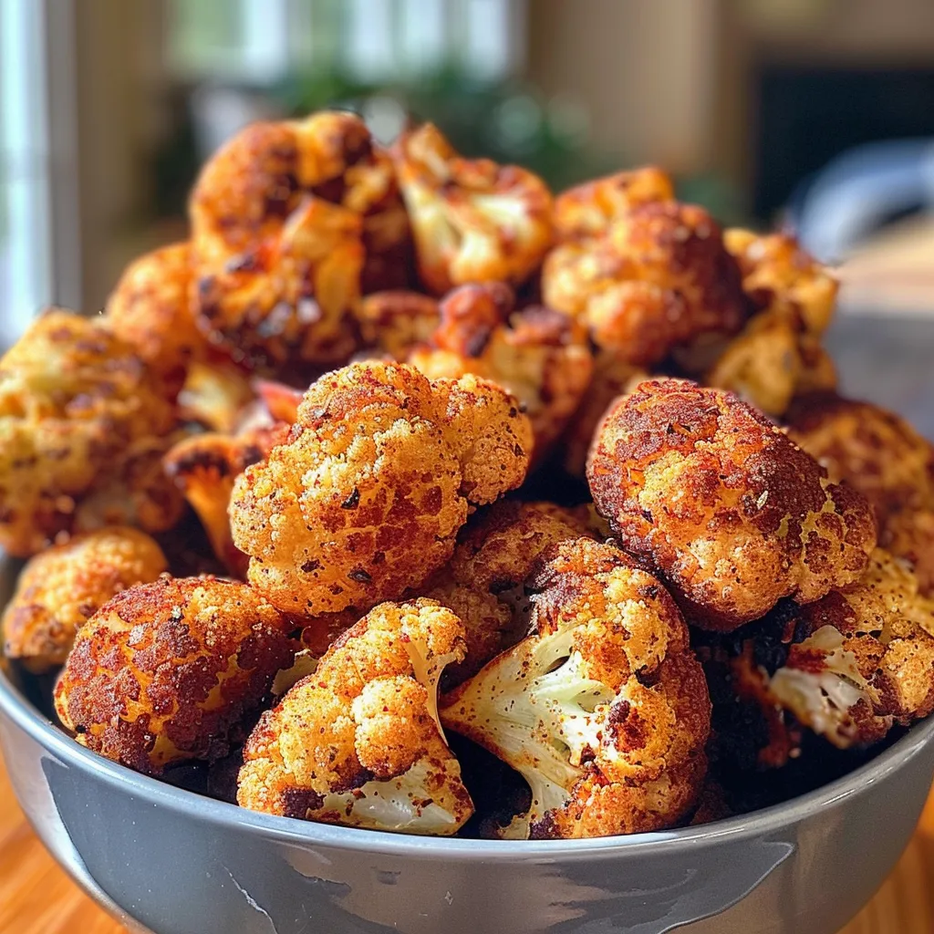 Florets of crispy cauliflower seasoned with spices displayed in a bowl.