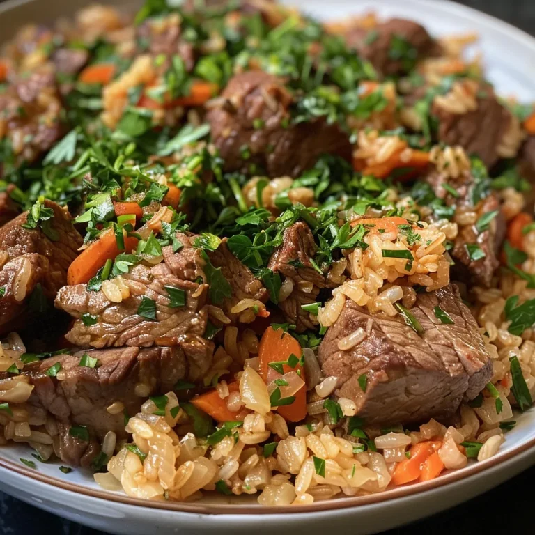 Close-up view of a vibrant bowl of Beef Plov, showcasing tender chunks of beef and colorful vegetables.