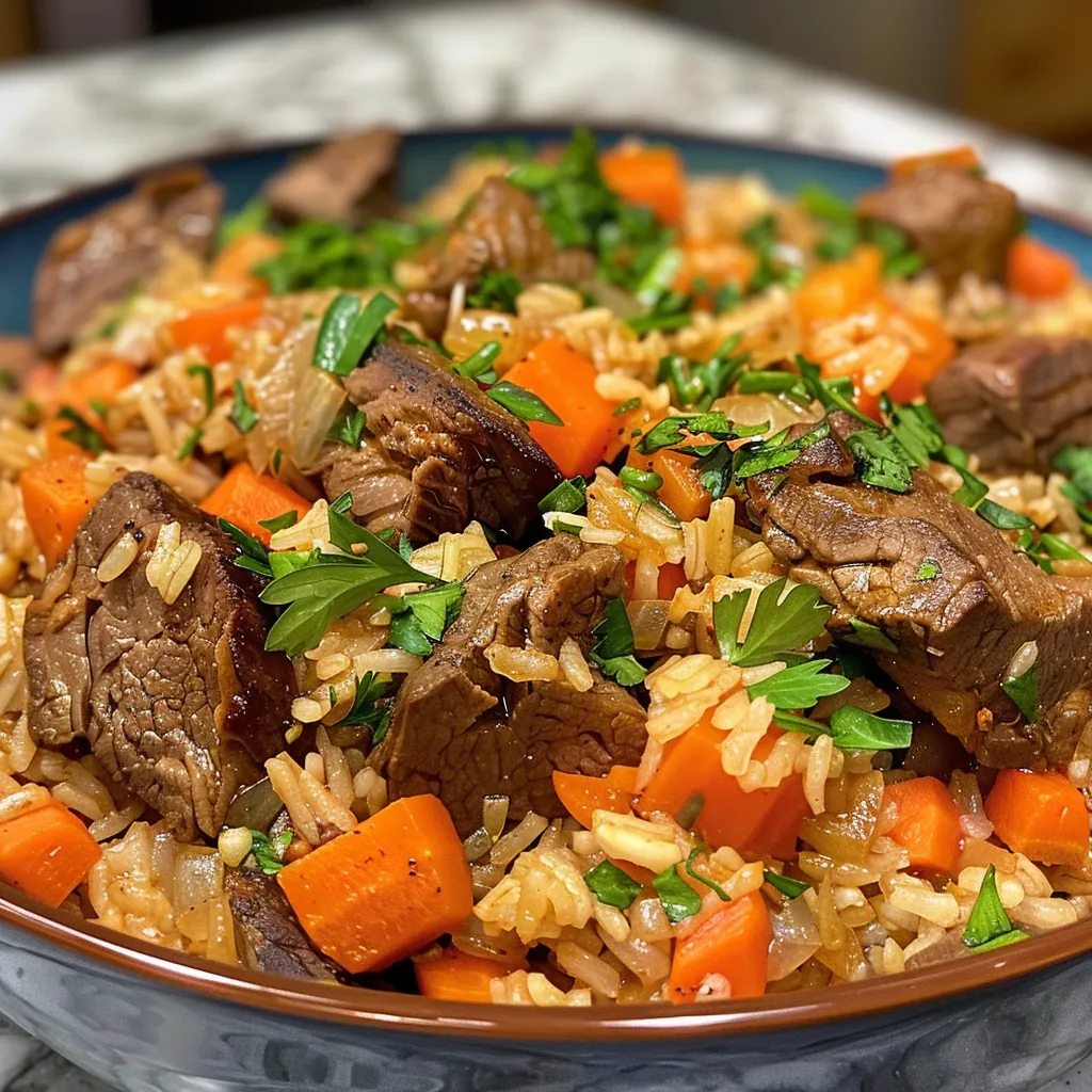Side angle of a steaming dish of Beef Plov, with golden rice and garnished with onions and carrots.