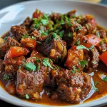 Close-up view of a bowl of Beef Vindaloo garnished with fresh cilantro.