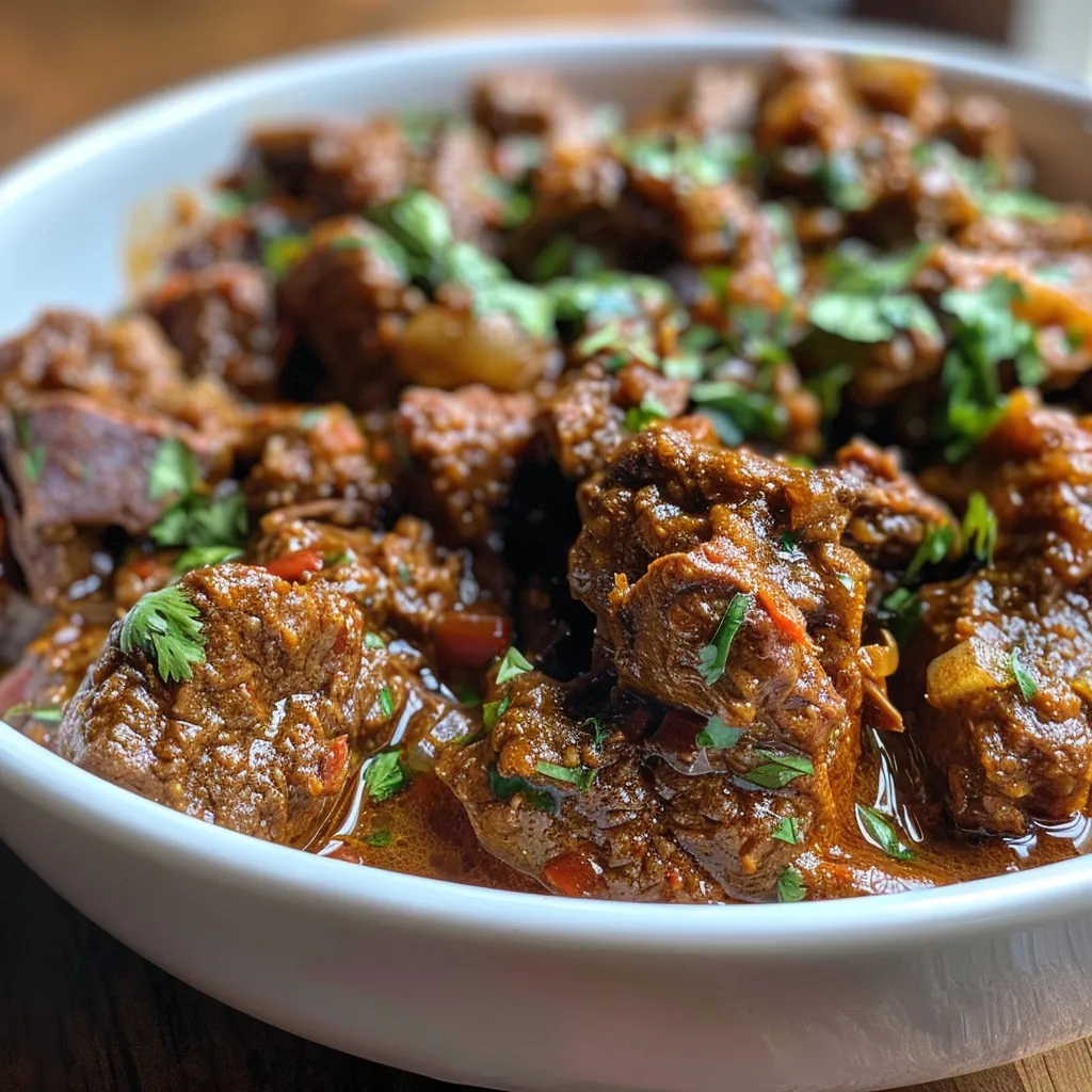 Side angle shot of a steaming Beef Vindaloo dish with chunks of beef and vibrant spices.