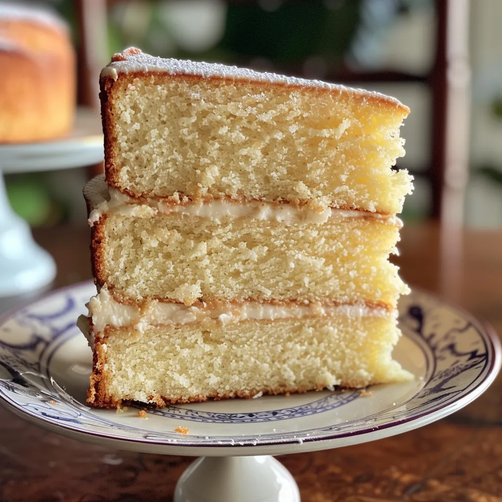 Close-up of a moist vanilla cake, showcasing its soft texture and creamy frosting.