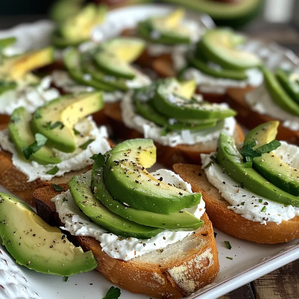 Side view of vibrant canapes featuring creamy garlic herb spread and fresh avocado.