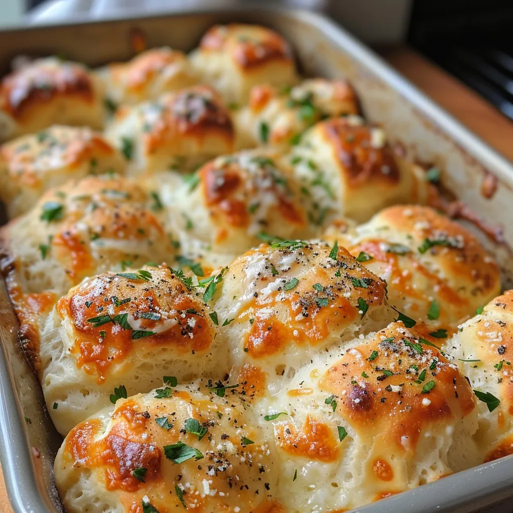 Side angle of cheesy garlic bombs, showcasing their golden-brown exterior filled with mozzarella.