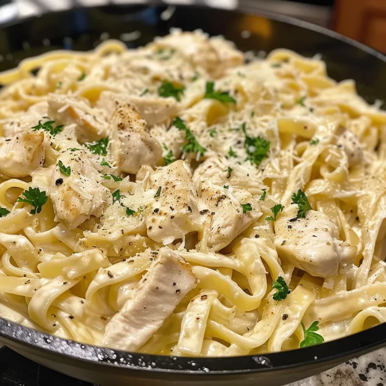 Savoring Comfort: My Family’s Chicken Alfredo for Heartwarming Gatherings Close-up of creamy Chicken Alfredo pasta topped with grated Parmesan and parsley.