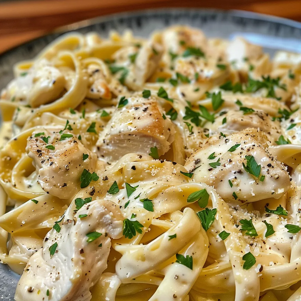 Side view of juicy Chicken Alfredo served with fettuccine, garnished with parsley.