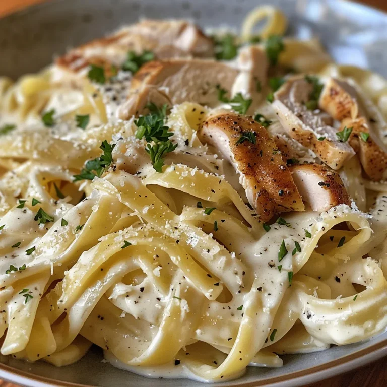 Close-up of a creamy Chicken Alfredo pasta dish with sliced chicken and parsley garnish.