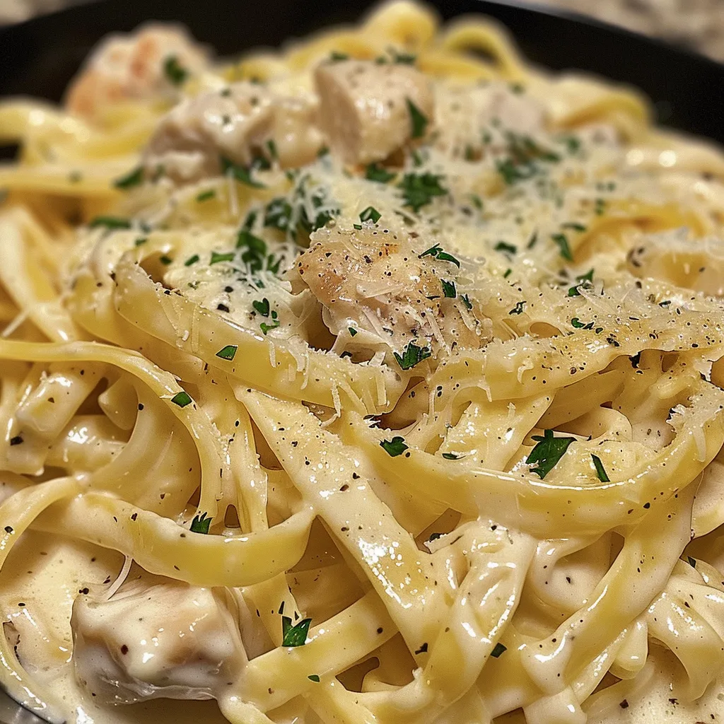 Side view of fettuccine pasta coated in Alfredo sauce, topped with chicken slices.