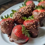 Close-up of glistening chocolate-covered strawberries, showcasing their vibrant red color and shiny chocolate coating.