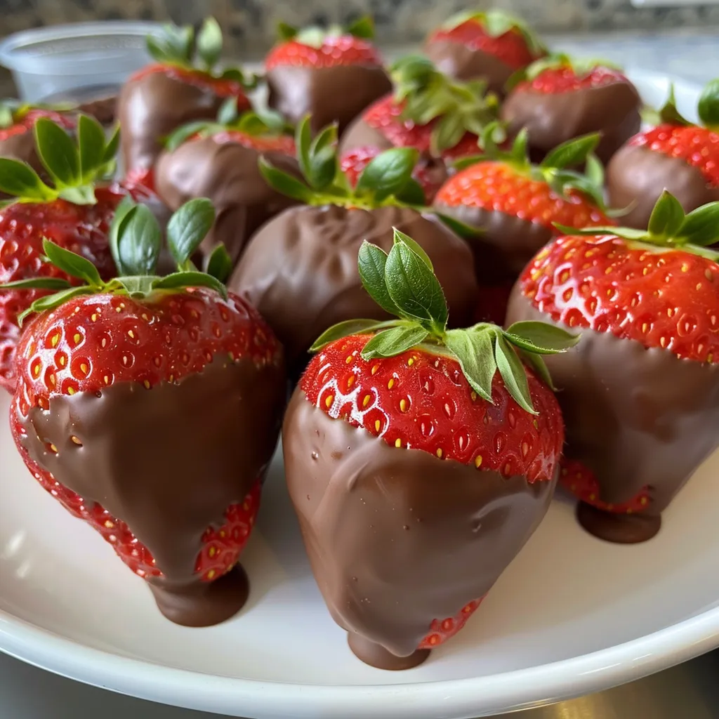 A side view of luscious strawberries dipped in rich chocolate, with some drizzled in white chocolate for contrast.