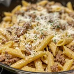 Close-up view of creamy beef pasta in a bowl, featuring penne pasta and a rich sauce.