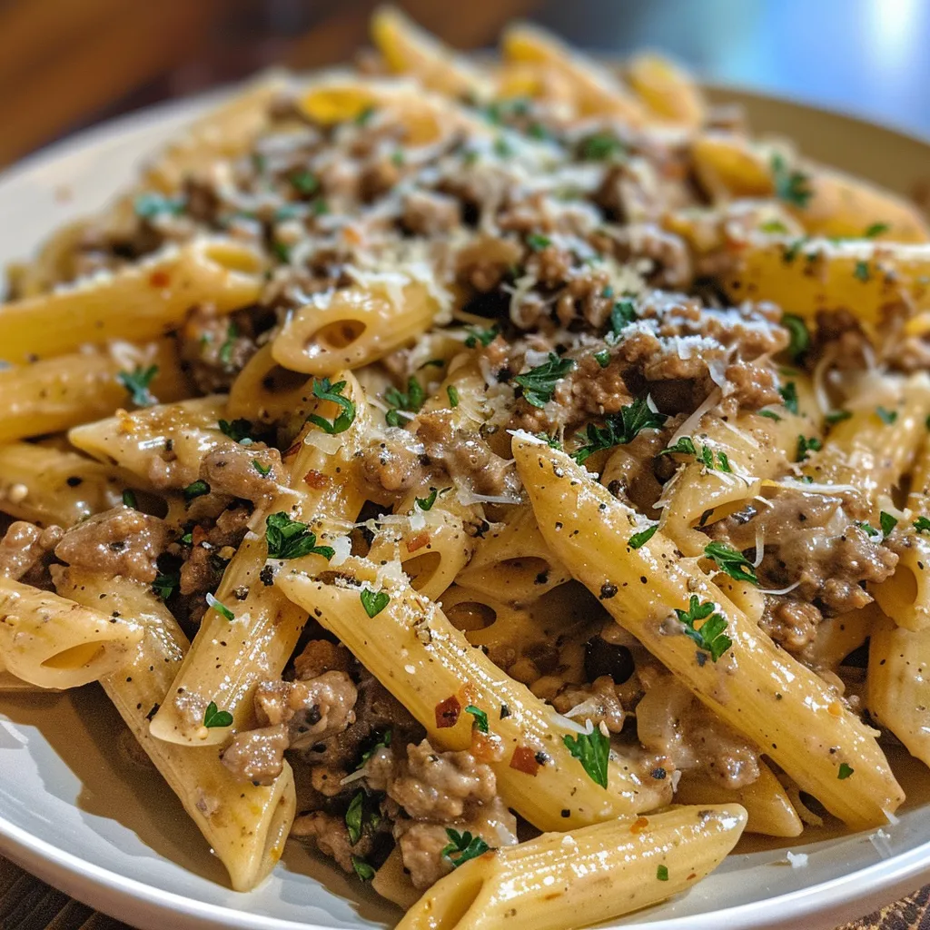 Side angle of a plate filled with creamy beef pasta, showcasing the texture of the dish.