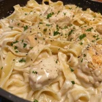 Close-up of a creamy chicken Alfredo dish with fettuccine pasta.
