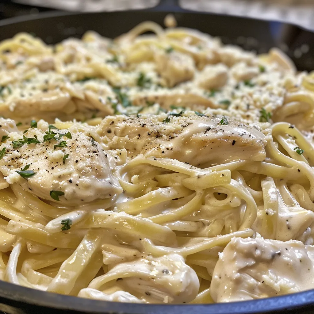 Side view of a delicious Creamy Chicken Alfredo featuring tender chicken and pasta.