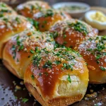 Close-up of golden-brown garlic bread rolls with a shiny butter glaze.