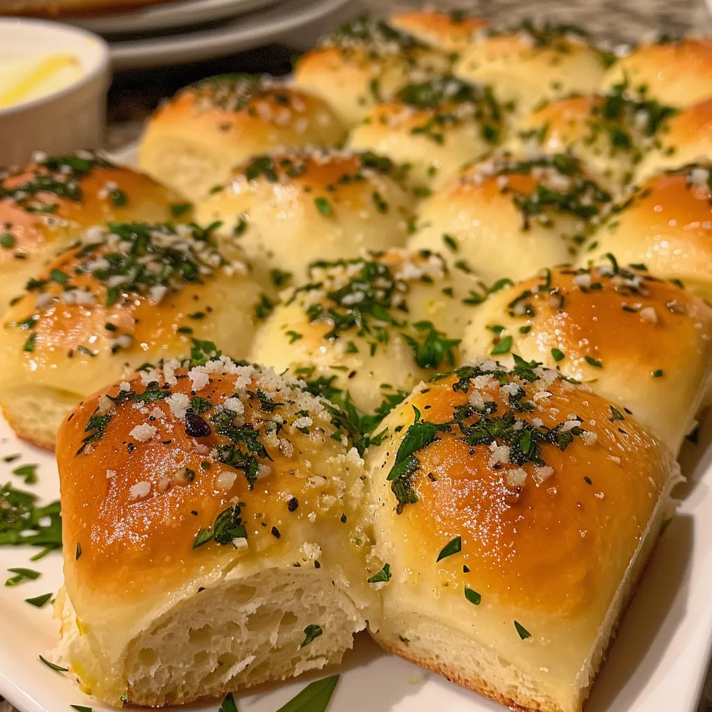 Side view of fluffy garlic bread rolls garnished with parsley and sea salt.