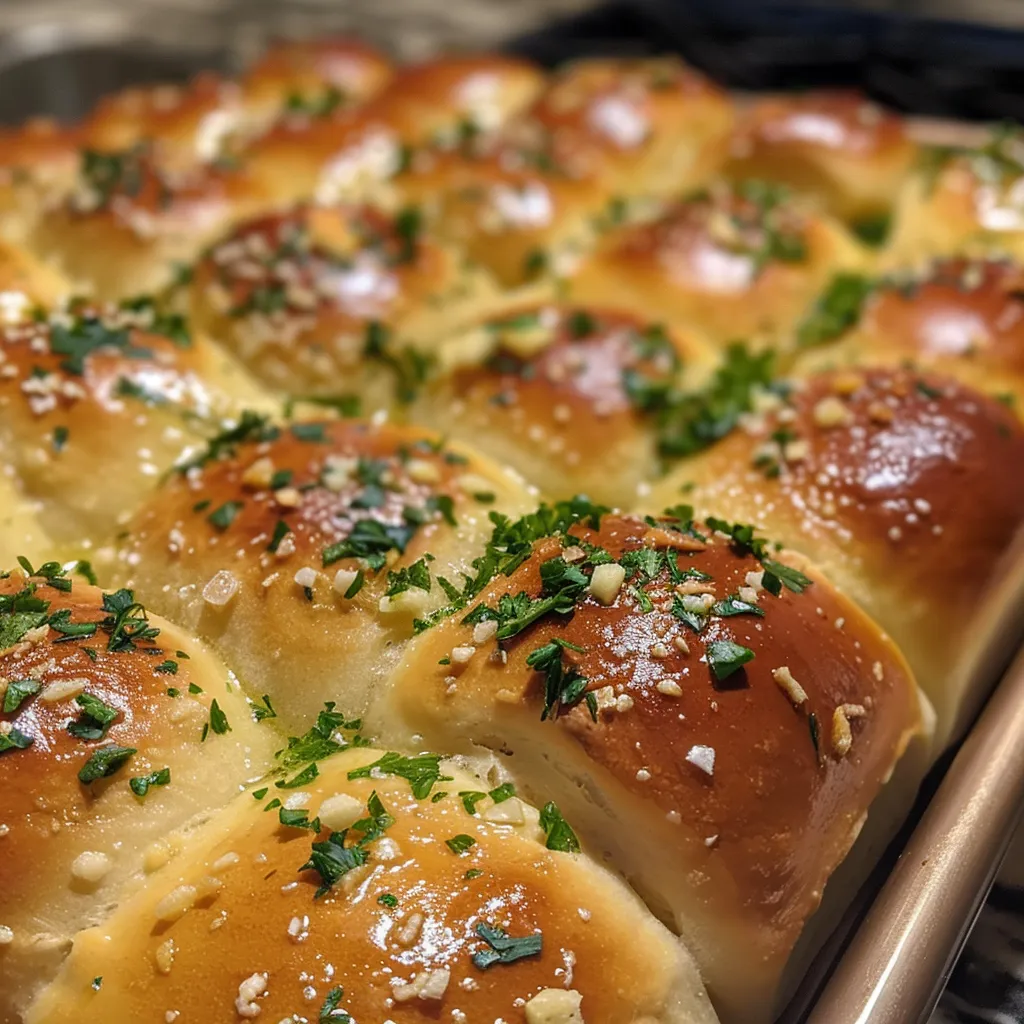Juicy, fluffy garlic butter dinner rolls displayed on a rustic wooden table.