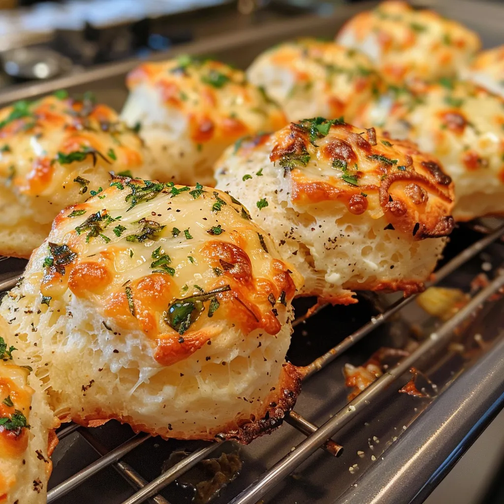 Close-up view of golden garlic herb cheese bread bites with melted cheese visible.