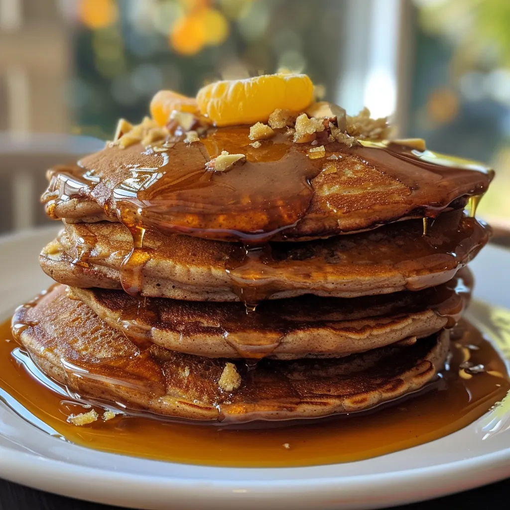 Side view of stacked gingerbread pancakes drizzled with maple syrup and decorated with crushed ginger nuts.