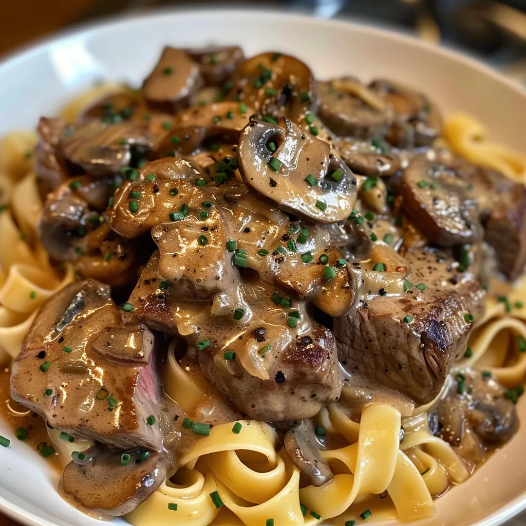 Side view of a vibrant Beef Stroganoff featuring mushrooms and chives on top.