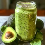 A close-up view of a green avocado smoothie in a glass, showcasing its creamy texture.