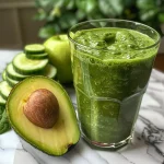 Close-up of a vibrant green smoothie in a glass with a straw.