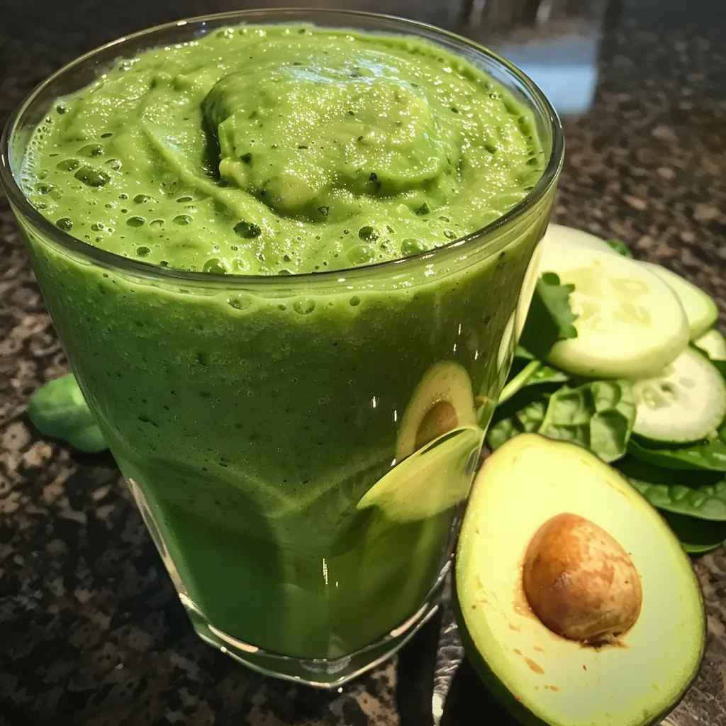 Side view of a creamy green smoothie filled with fruits and spinach.