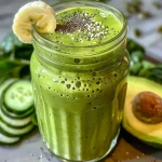 Close-up of a green smoothie with avocado in a clear glass.