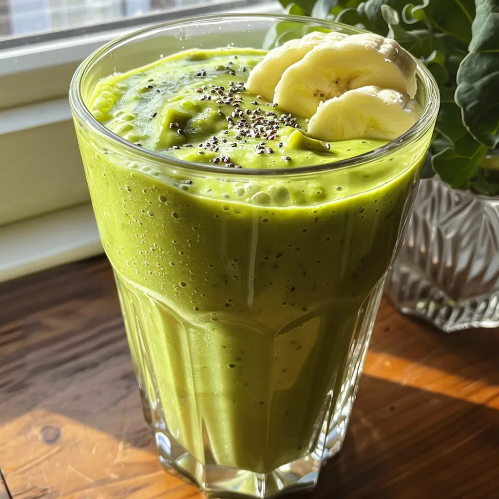 Side view of a creamy avocado smoothie with green ingredients.