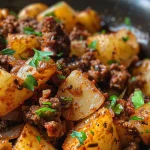 Close-up view of ground beef mixed with diced potatoes and garnished with parsley.