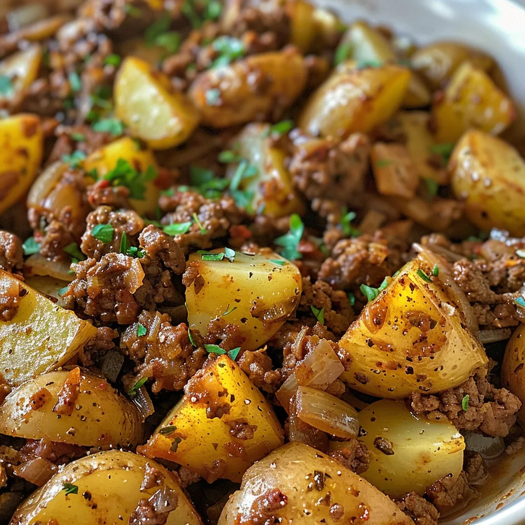 Juicy ground beef with potato cubes and a sprinkle of fresh parsley in a bowl.