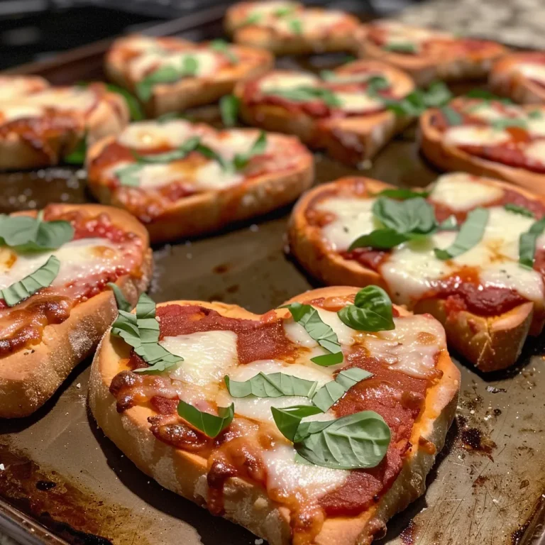 Close-up of heart-shaped mini pizzas topped with cheese and pepperoni.