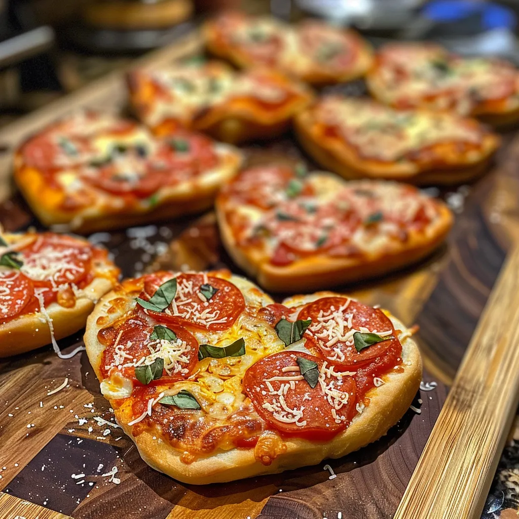 Side view of delicious heart-shaped mini pizzas garnished with basil.
