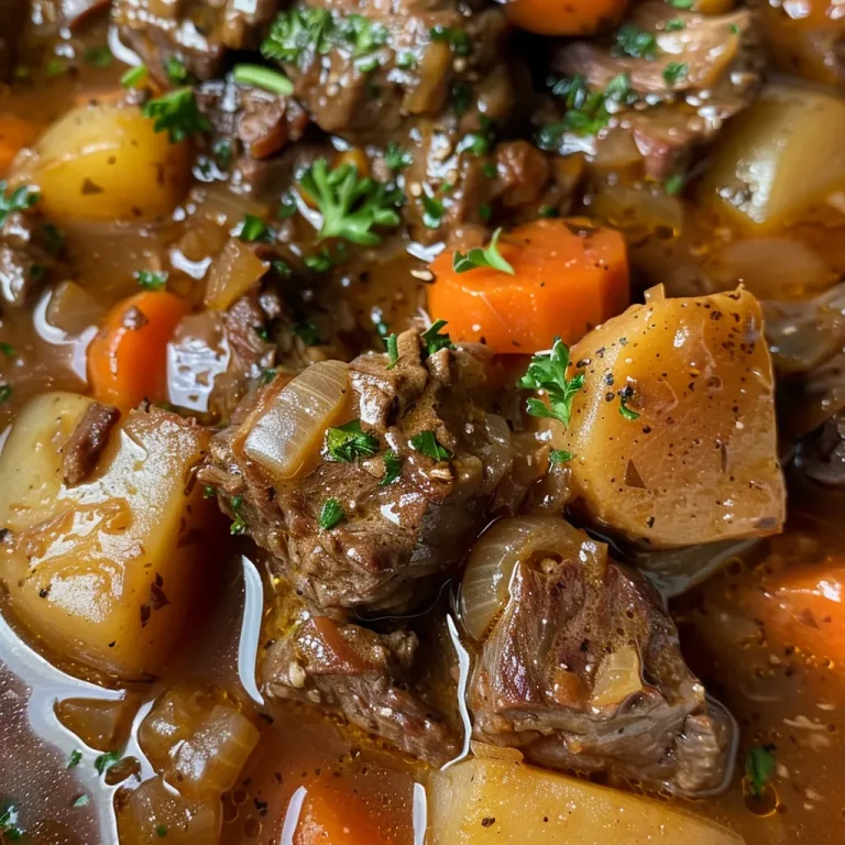 The Hearty Beef Stew That Warms Hearts and Homes Close-up view of a hearty beef stew with chunks of meat, vegetables, and broth.
